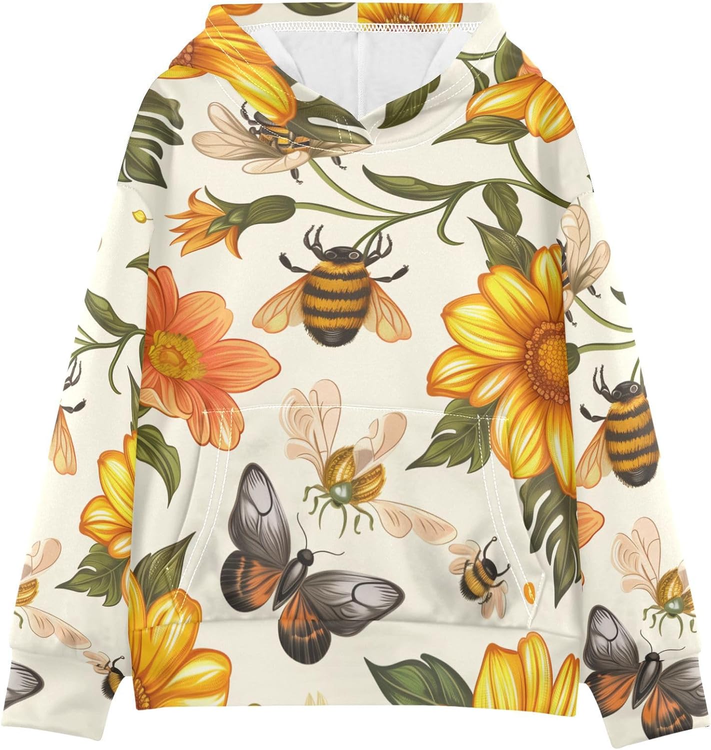 ZZXXB Bee Flowers Print Kids Sweatshirts Boys Girls Hooded Kangaroo Pocket Pullover Tops XS-XXL