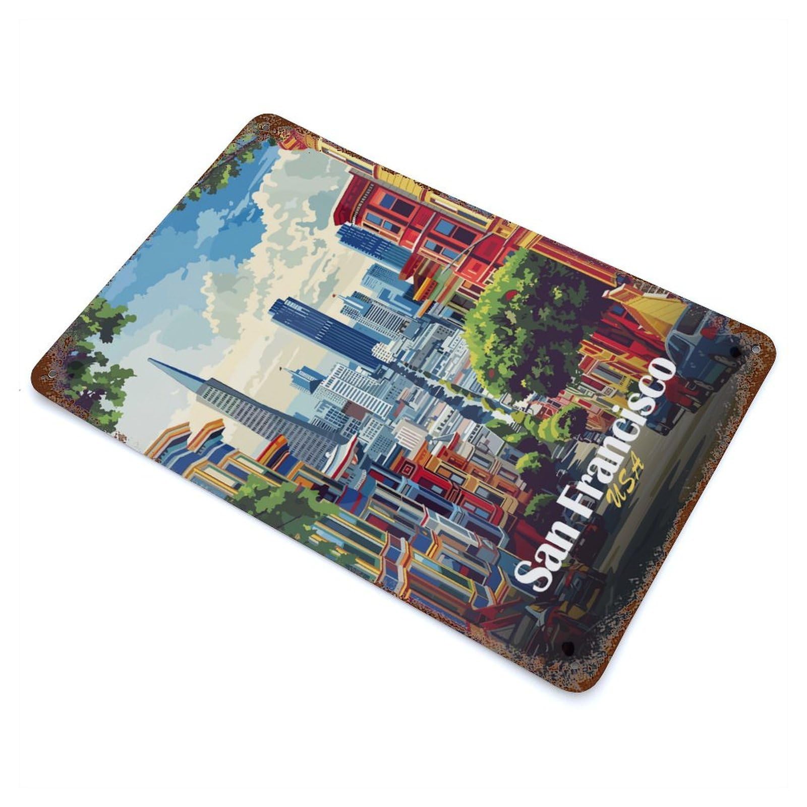Rust Effect San Francisco Cityscape Illustration Decorative Tin Sign 11.8"x7.9", Rustic Home Decor for Cafe, Home Bar And Lounge Decor
