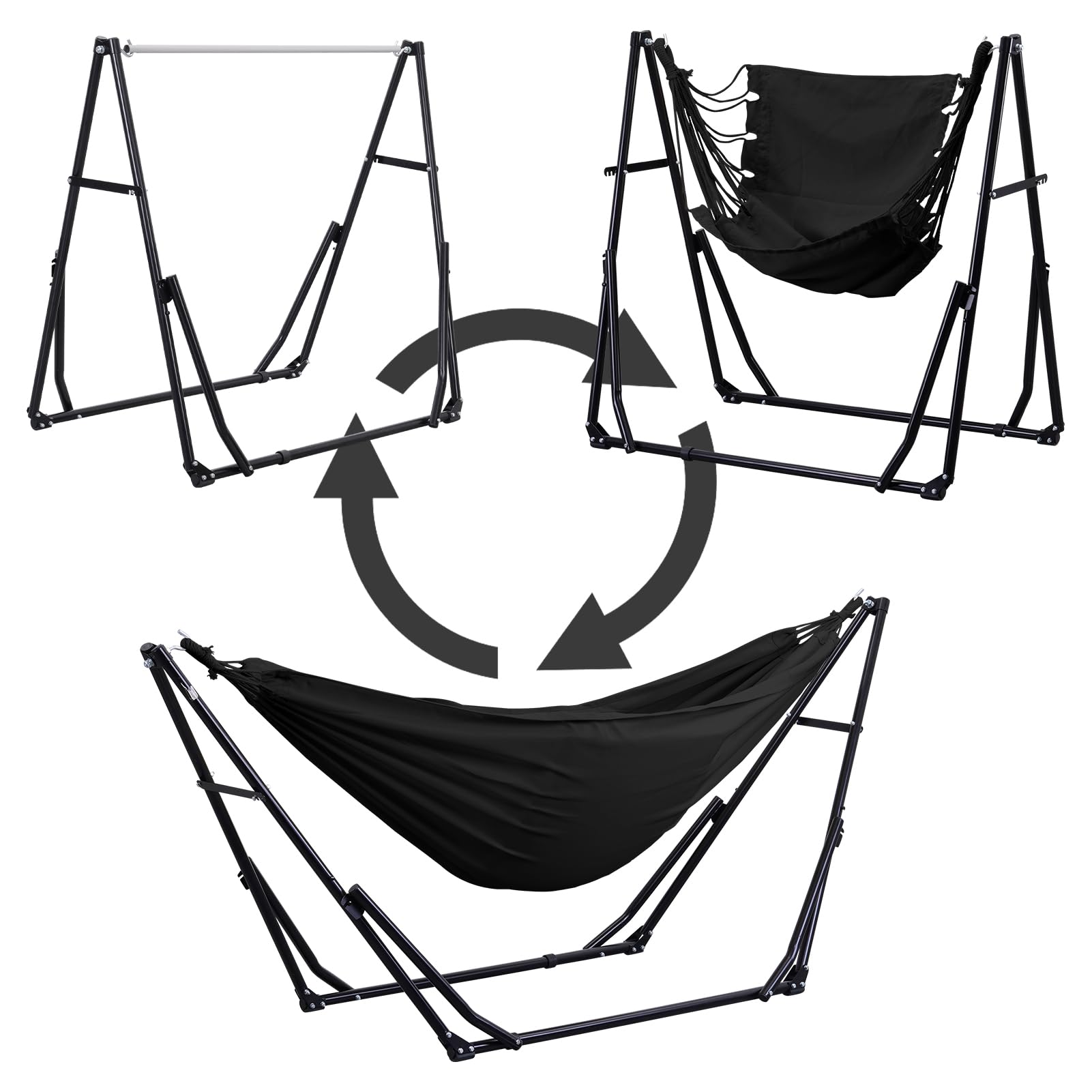 OVASTLKUY 2 in 1 Hammock with Stand, Outdoor Hammock Swing Chair with Portable Heavy Duty Stand, Multi-Functional Hammock Stand 480 lbs Weight Capacit-Black
