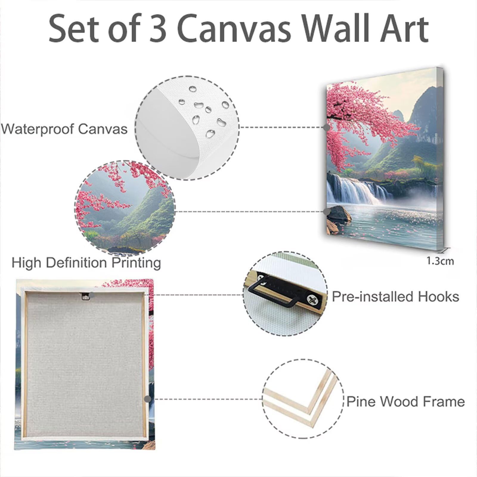 Tableau Decoration Murale Japon Cadre en Bois Impression sur Toile, Peinture Poster Mural Tableau Arbre Triptyque pour Moderne Salon Chambre Restaurant Maison Bain Cuisine 35x50 cmx 3pcs 1f-1070