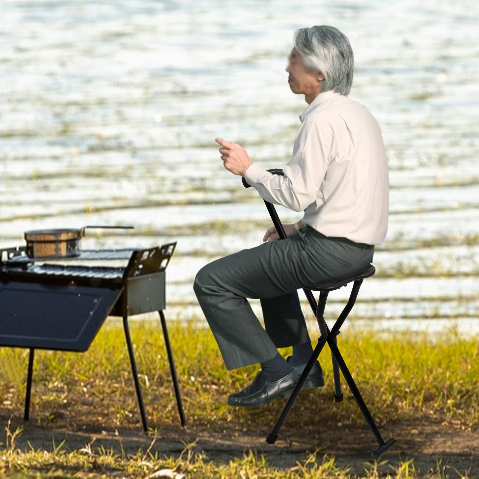 250Lbs Tripod Cane Chair, Lightweight Aluminum Crutches, Folding Cane with Seat, Anti-Slip Portable Walking Stick for Senior, Tripod Stool for Elderly, Stable Support