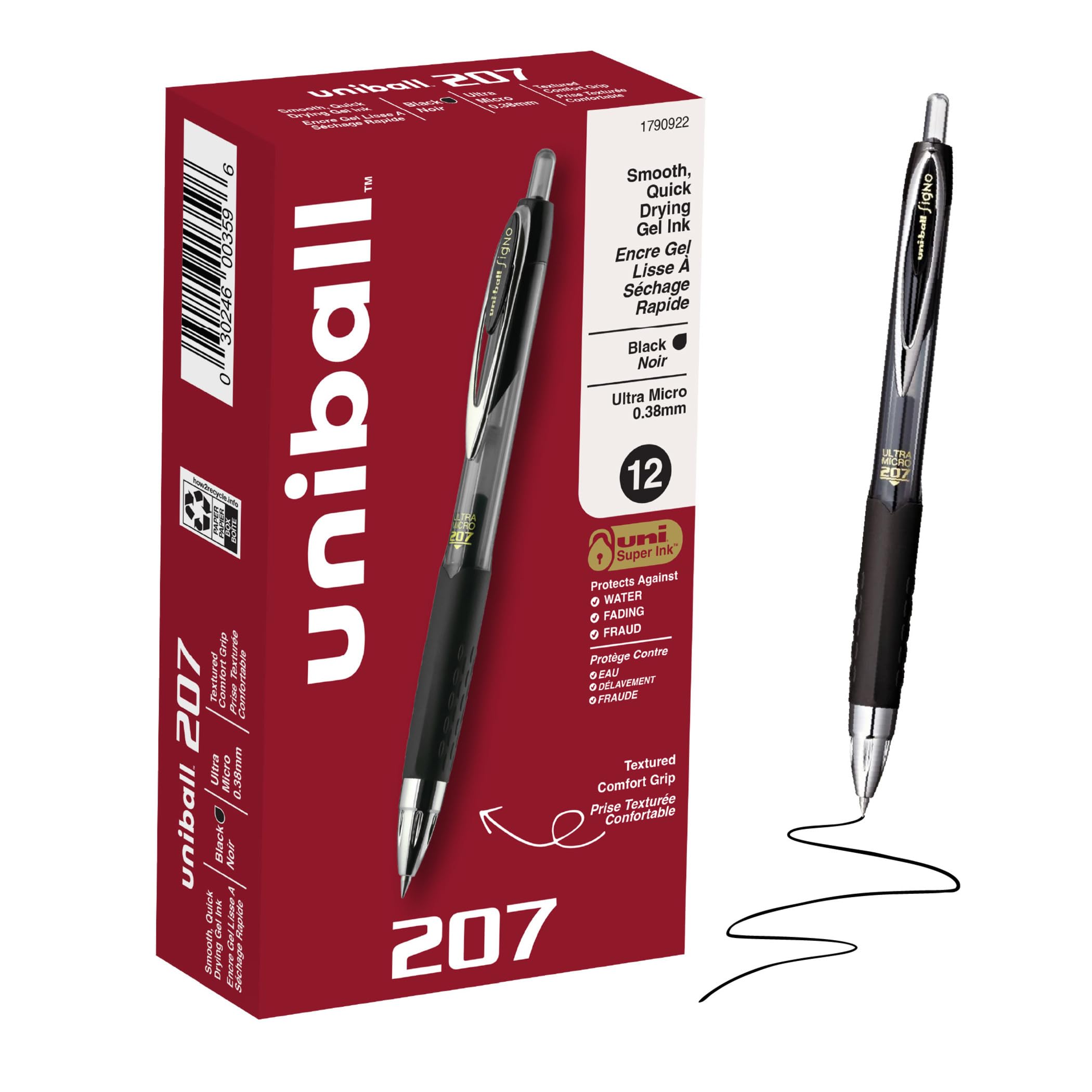 uniball™ 207 Gel Pens, Black Ink, 0.38mm Ultra Micro Point, 12 Count