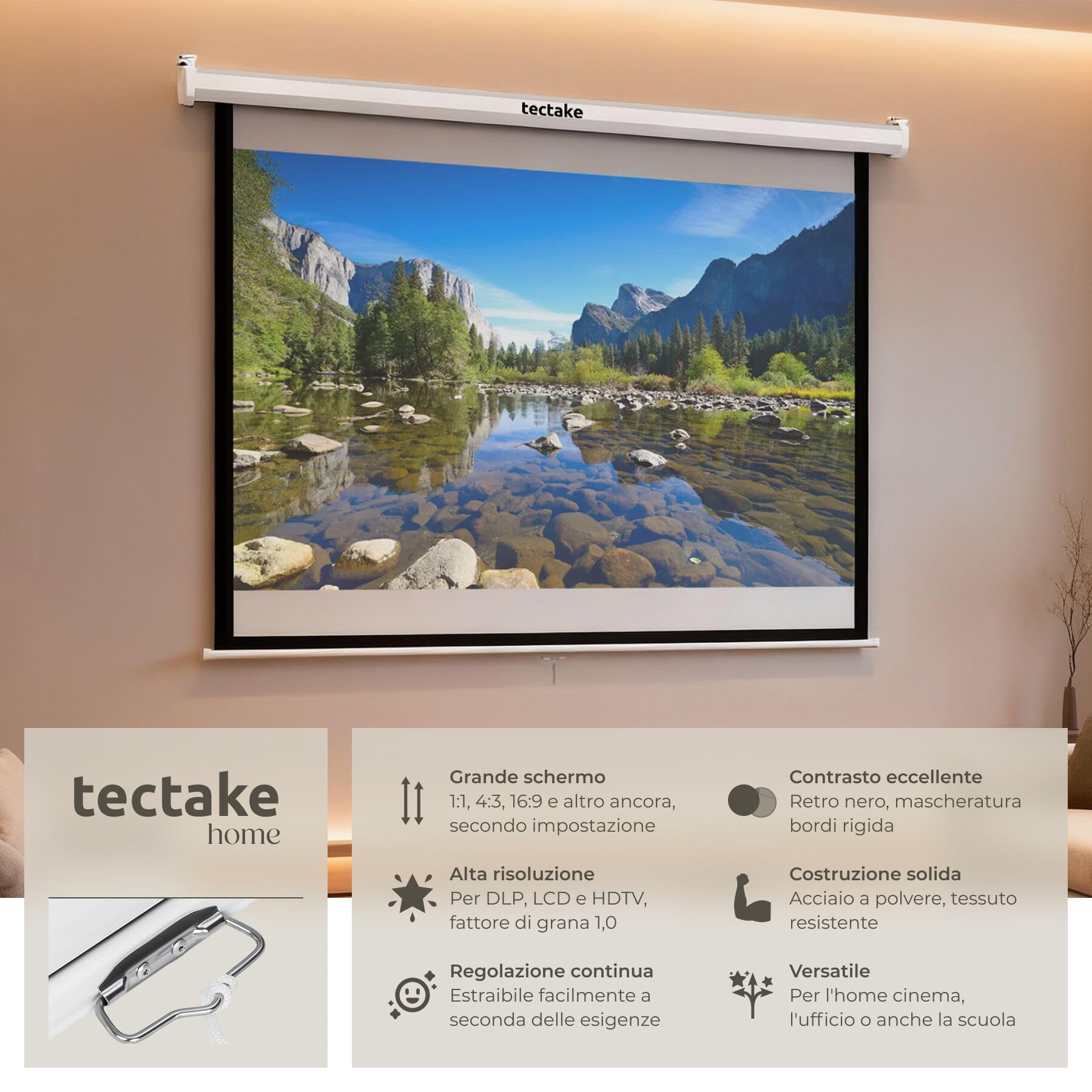 tectake® Schermo Proiettore 152x152cm, Avvolgibile, Diagonale 84", Gain Factor1.0, Formati 1:1, 4:3, 16:9, Schermo a Parete, Soffitto, Cinema a Casa, Home Cinema, Ufficio, Ottimizzato per HDTV e 3D