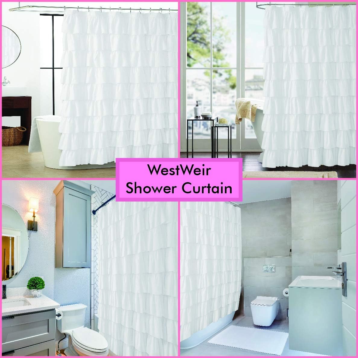 White Ruffle Shower Curtain - Farmhouse Cloth Bathroom 72 x 72 Inches Texture Fashion, Double Layer Fabric, Soft Feel, not See Through.
