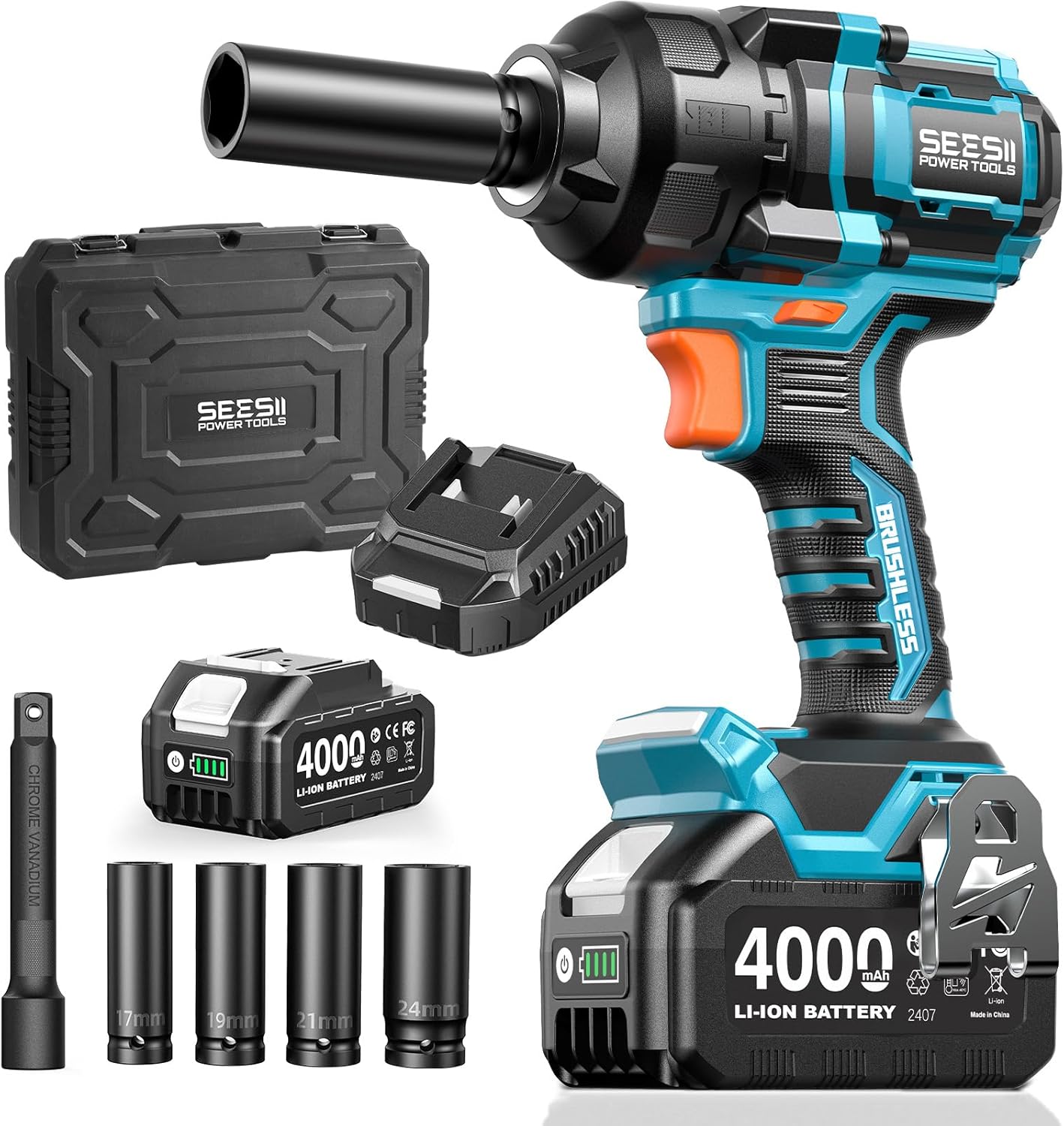 Seesii Impact Wrench 886 Ft-lbs(1200N.m), 1/2 High Torque Impact Gun with 21V 4000mAh Battery, Electric Impact Driver, 2900IPM, 5 Socket, Cordless Impact Wrench for Home Car/Mower/Pickup/Truck RV