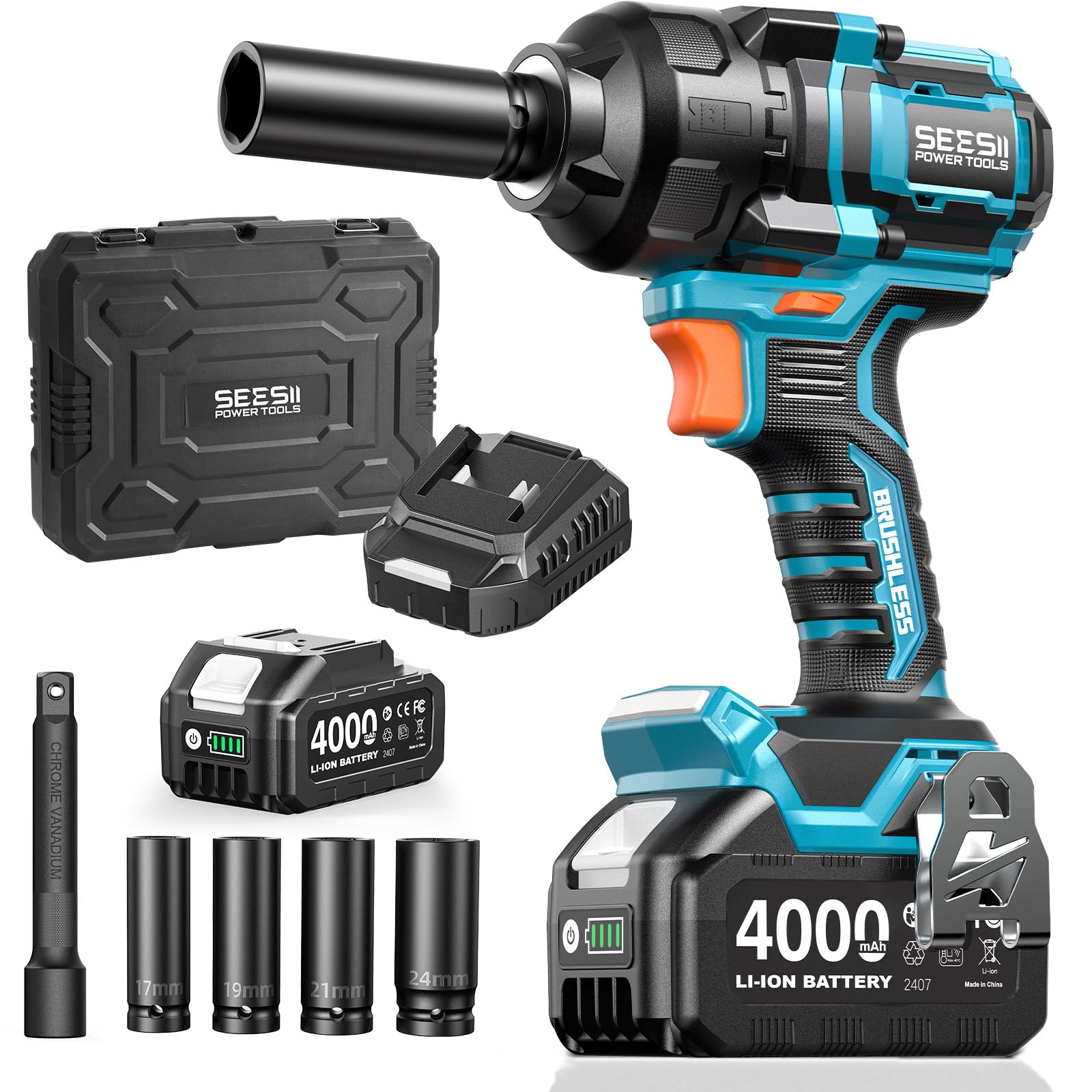 Photo 1 of Seesii Impact Wrench 886 Ft-lbs(1200N.m), 1/2 High Torque Impact Gun with 21V 4000mAh Battery, Electric Impact Driver, 2900IPM, 5 Socket, Cordless Impact Wrench for Home Car/Mower/Pickup/Truck RV