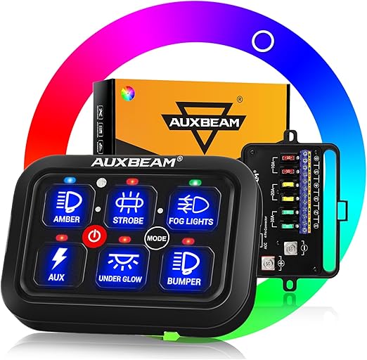 Auxbeam RGB 6 Gang Switch Panel RA60 Auto-Dimmable Switch Panel w/Momentary Toggle Pulsed Memory Function, 12-24V Switch Panel for Truck UTV Car Boat Waterproof, 2-Year Warranty