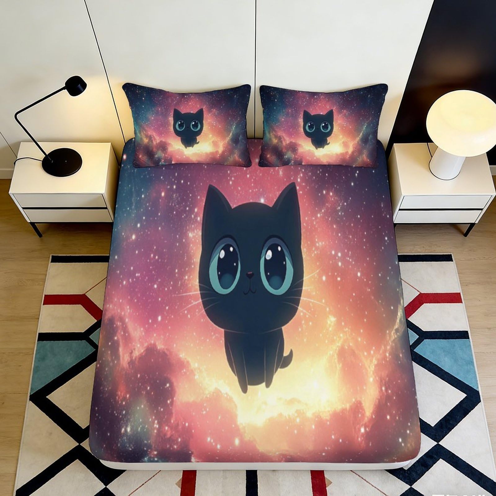 Dhbaneiok Style-5 3D Printed Black Cat Galaxy Fitted Sheet Microfiber Soft Breathable Cosmic Nebula Mattress Cover Bedroom Decor 90X200x25cm