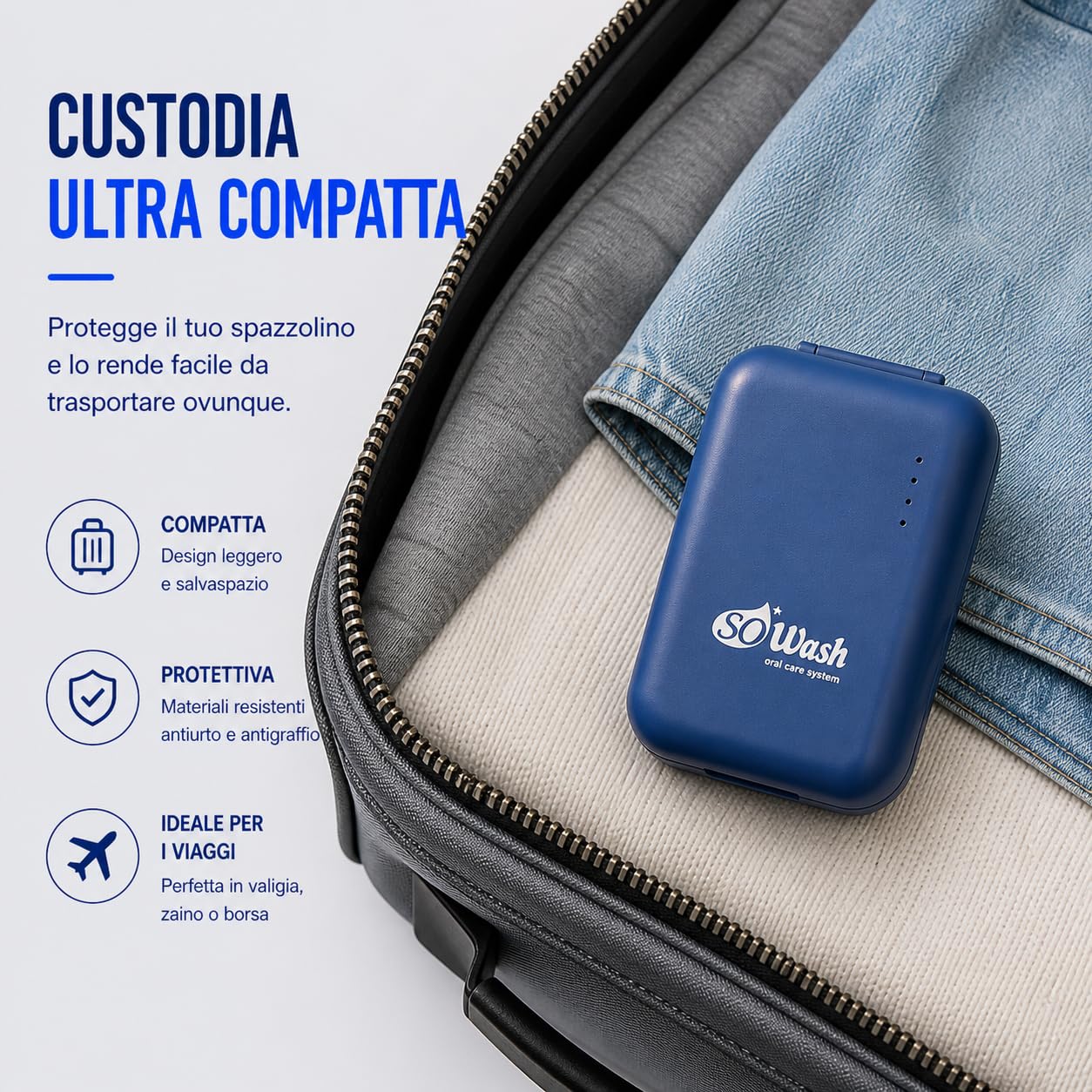 SoWash Sonic Travel | Spazzolino sonico elettrico | Custodia da viaggio | Ricaricabile | 1 mese di utilizzo per ricarica | 2 testine incluse | 5 modalità di spazzolamento | Timer da 2 minuti integrato