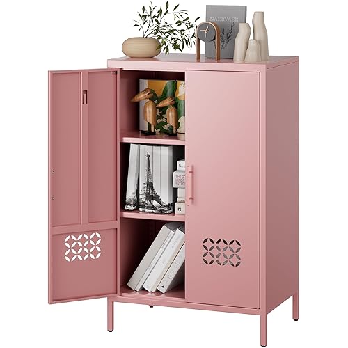 Metal Storage Cabinet with Adjustable Shelves,Metal Sideboard Cabinet with 2 Doors for Home,Office, 42" H x 26" W x 14" D,Assembly Required,Pink