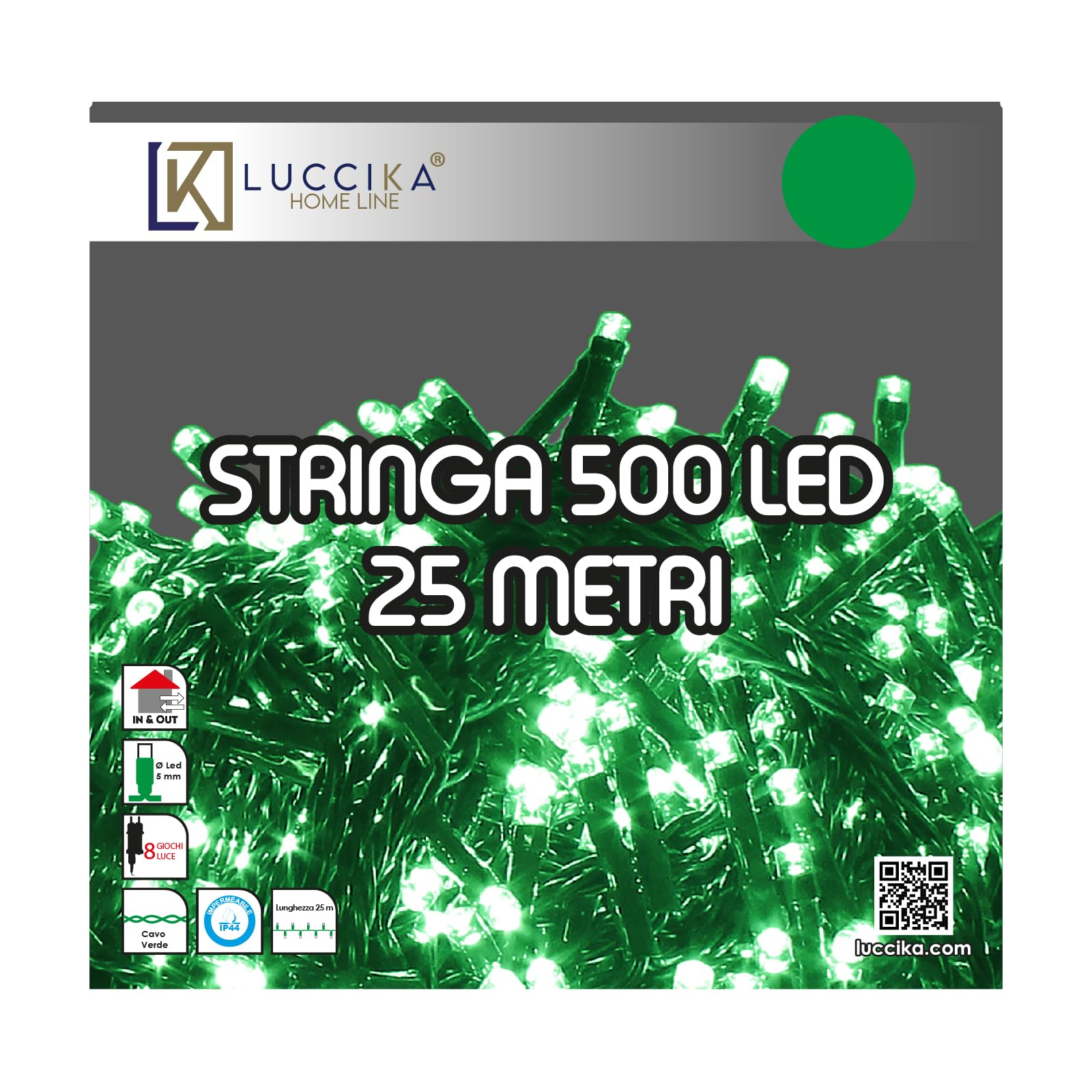 Luci LED Natalizie da Esterno/Interno, 5mm, Cavo Verde, 8 Modalità, Controller 31V con Memoria, IP44 (Verde, 25M 500LED)