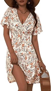 Womens Sundress Summer Floral Short Sleeve Wrap V Neck A-Line Midi Dress