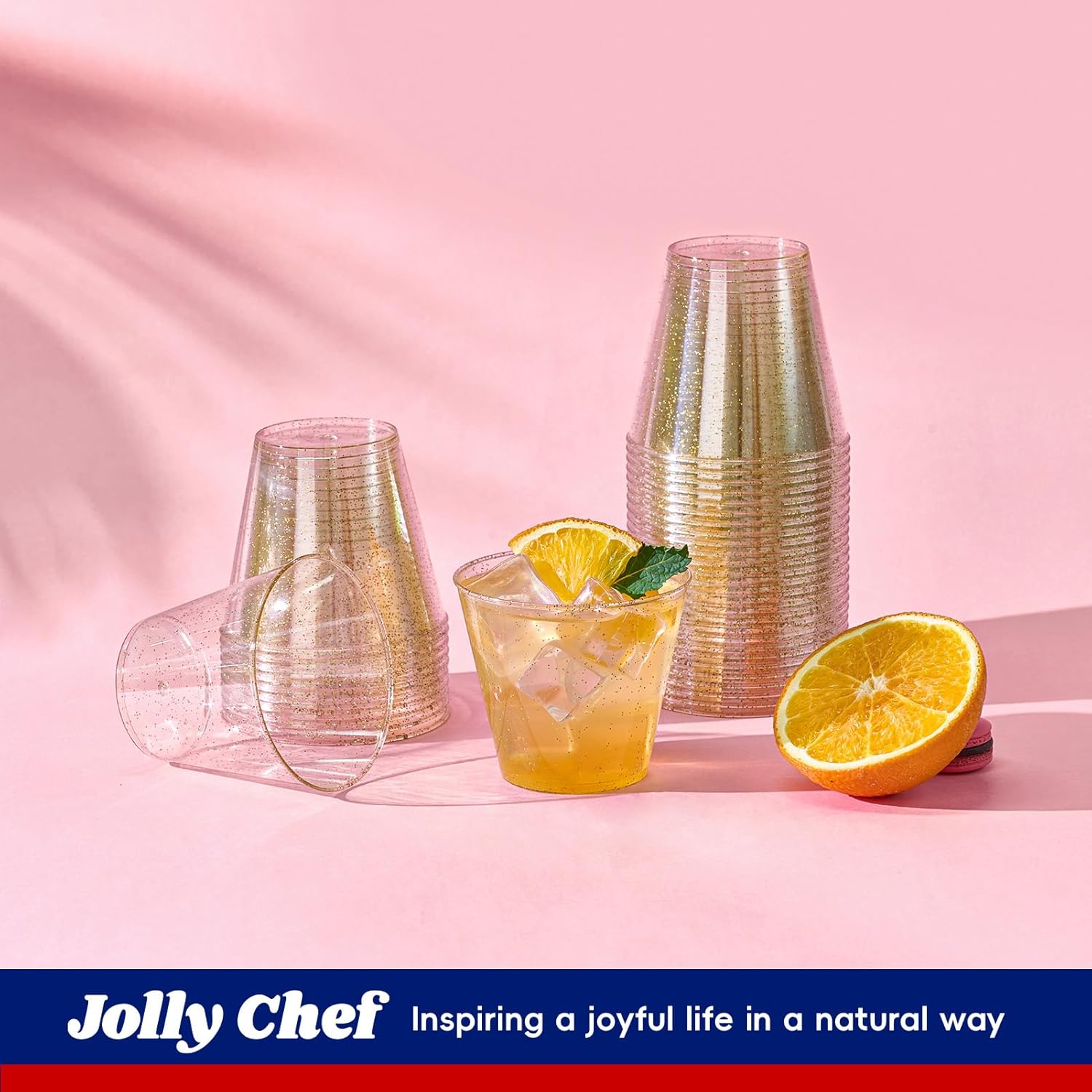 JOLLY CHEF 5 oz 100 Pack Small Glitter Disposable Cups, Glitter Plastic Cups, Disposable Plastic Shot Glasses Perfect for Parties Halloween Thanksgiving Christmas