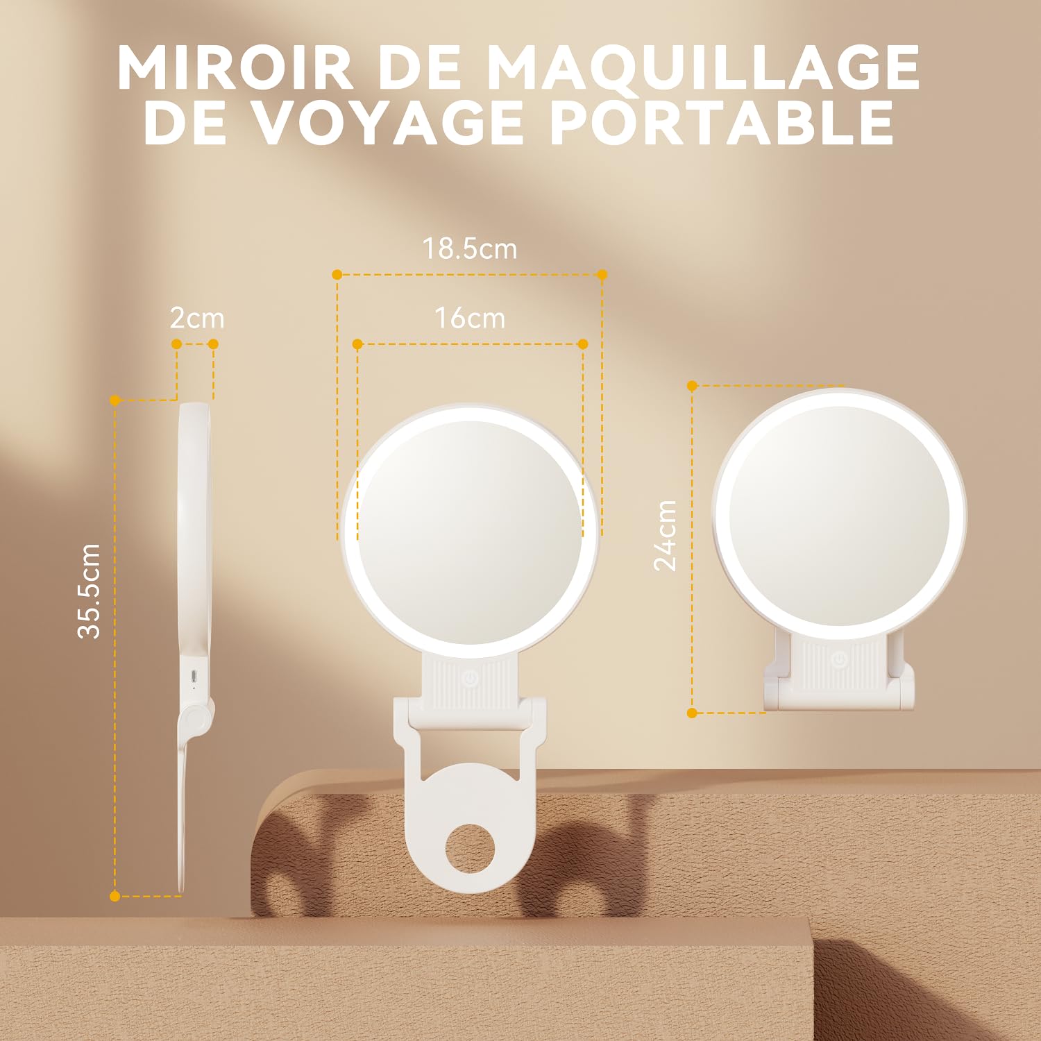 Auxmir Miroir Grossissant Lumineux Double Face 1X/30X, Miroir Maquillage 3 Couleurs D'éclairage, Luminosité Réglable, Batterie 2000mAh Rechargeable, Support 360°, Mural/Portable/Pliable