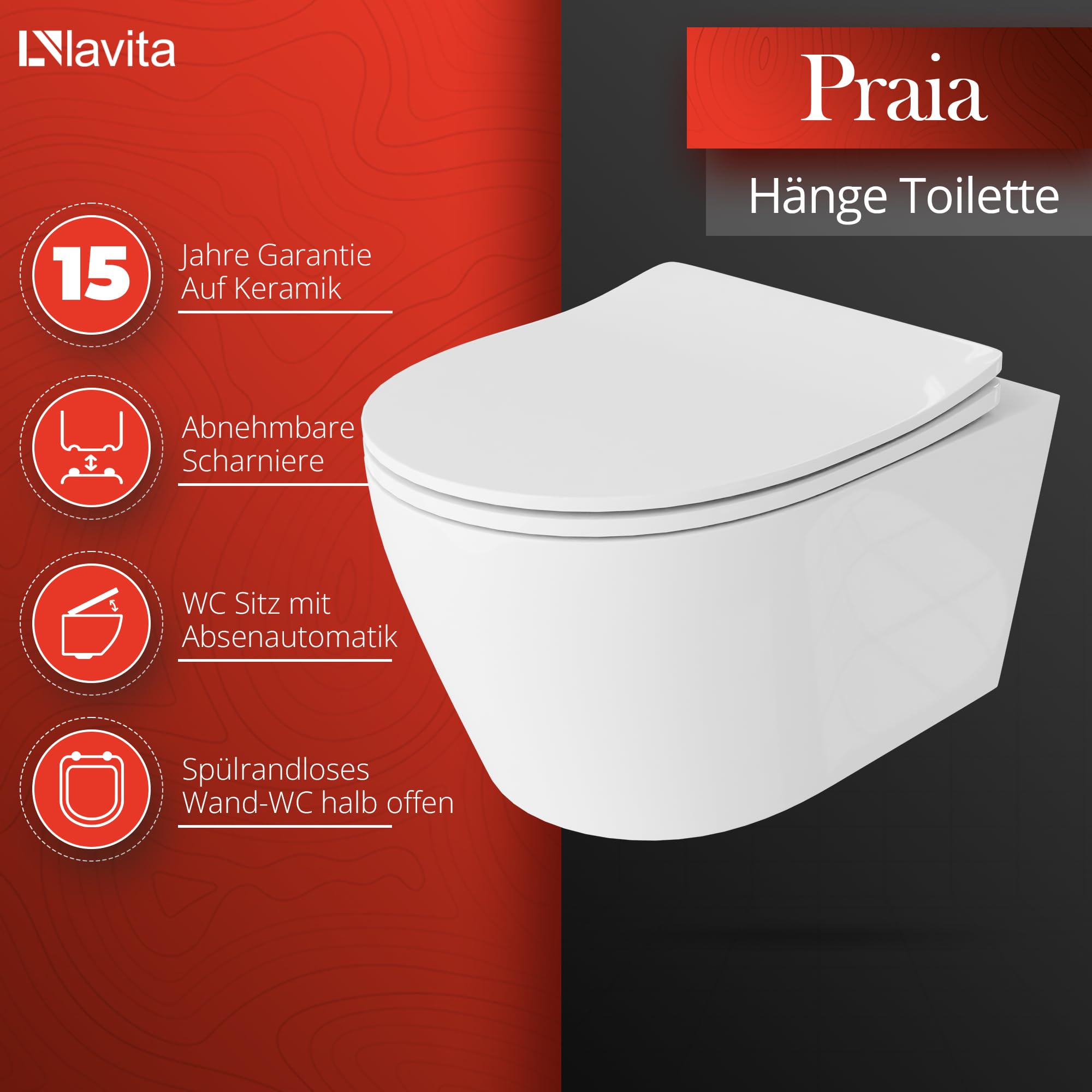 LAVITA Elemento da parete Solido + parete sospesa WC Praia bianco senza bordi + sedile WC SoftClose | pulsante cromato | Set completo | Cassetta di risciacquo da incasso | WC completo |