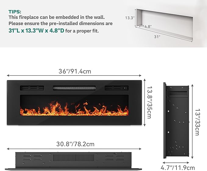 Chimenea Eléctrica YITAHOME 36", Inserción Empotrable, Control Remoto miniatura 2
