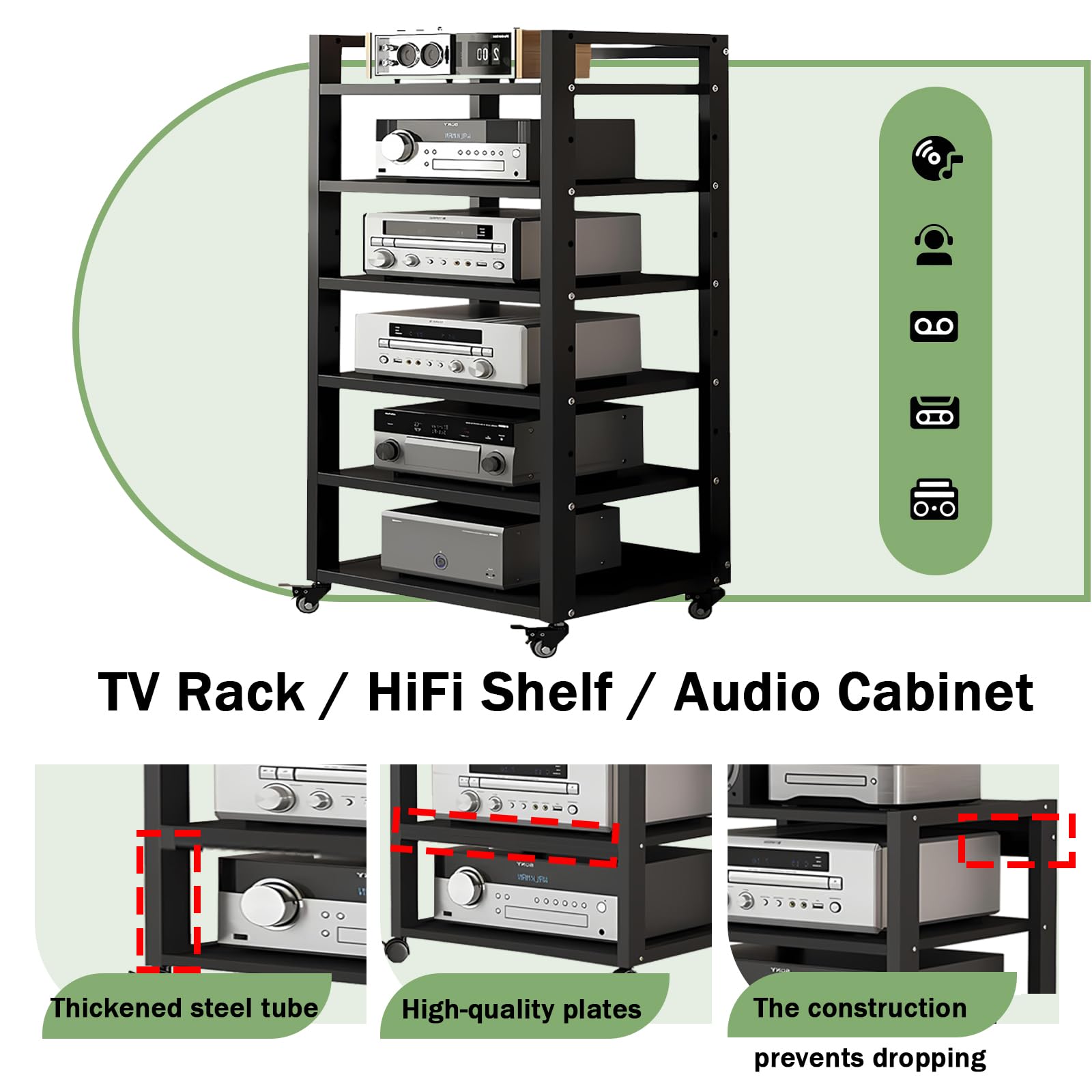 Mobile HiFi a 4 Ripiani per Giradischi e Componenti Audio - Supporto Multimediale Verticale con Struttura Robusta, Rack Stereo perfetto per Vinili, Console Gaming e Decoder, Design (A-6H, 50*40*120cm)