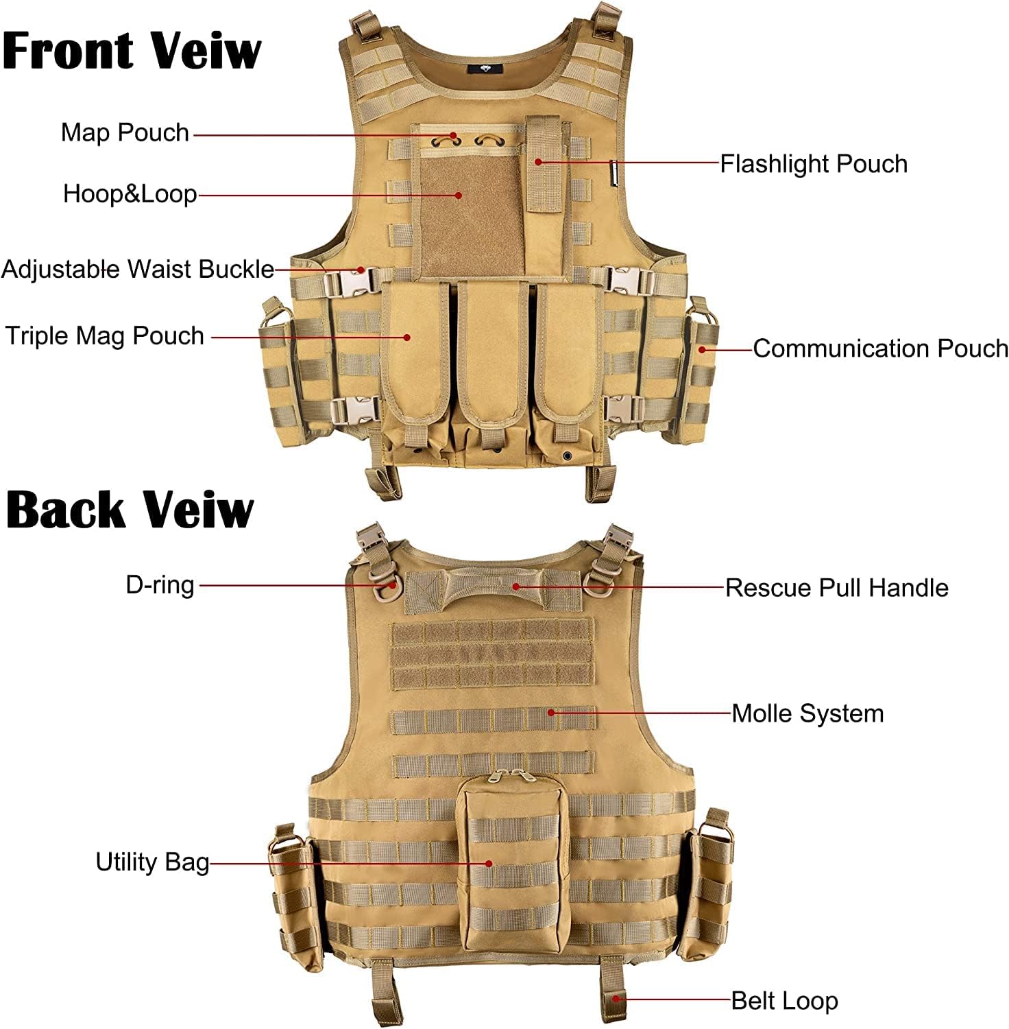 BOMTURN Tactical Airsoft Vest Upgrade Adjustable Modular Paintball Vest Outdoor Fit Adult - Image 4