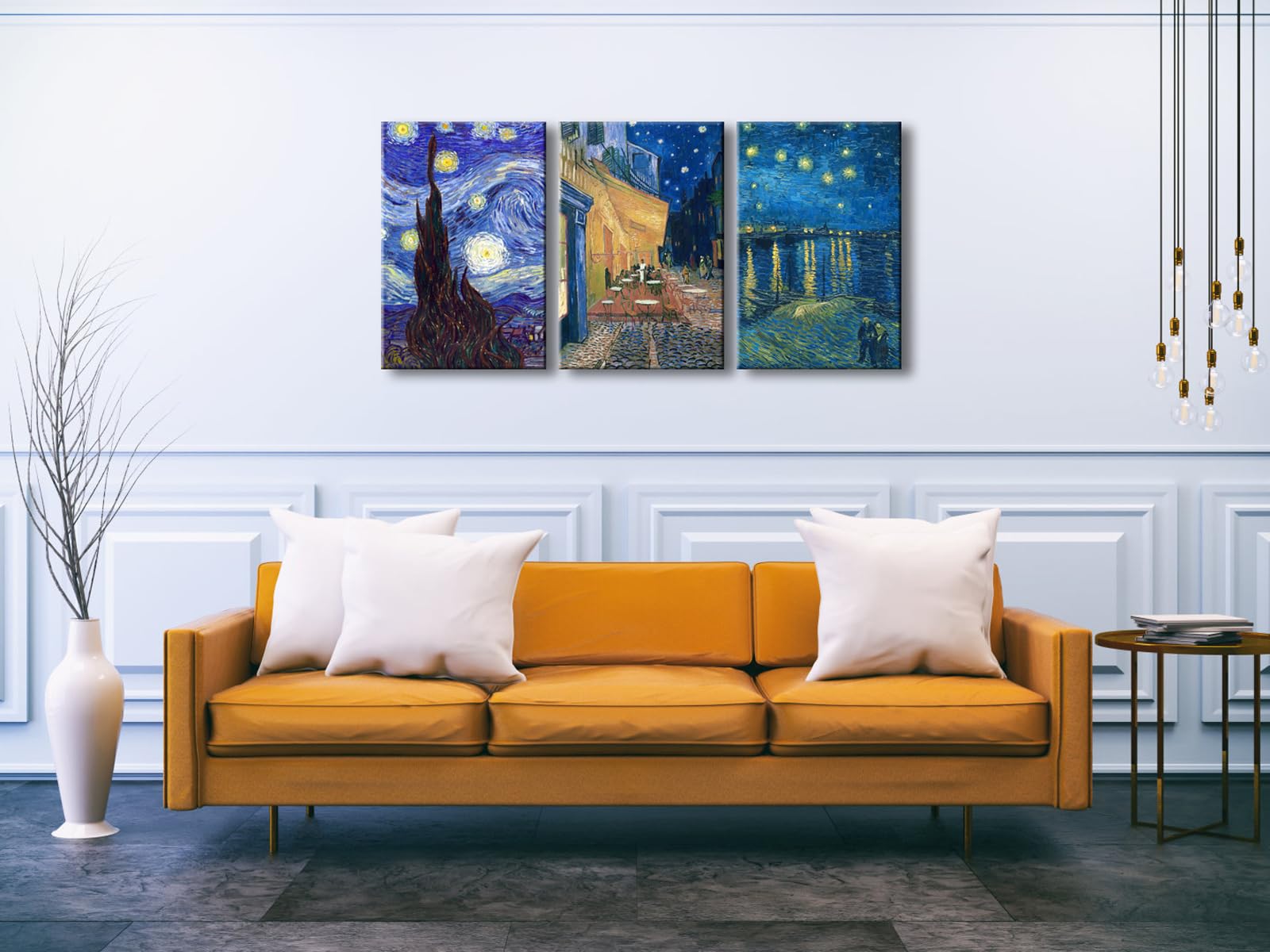Wieco Art Leinwanddrucke von Vincent Van Gogh, groß, 3-teilig, Reproduktion, Sternennacht über der Rhone, Café, Terrasse bei Nacht, Leinwand-Wandkunst für Wohnzimmer, Heimbüro, Dekor