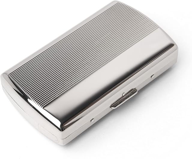 Mini Metal Cigarette Case - Women and Men, Portable Double Sided Spring Clip, Holds 12 85mm Cigarettes (Striped Silver)