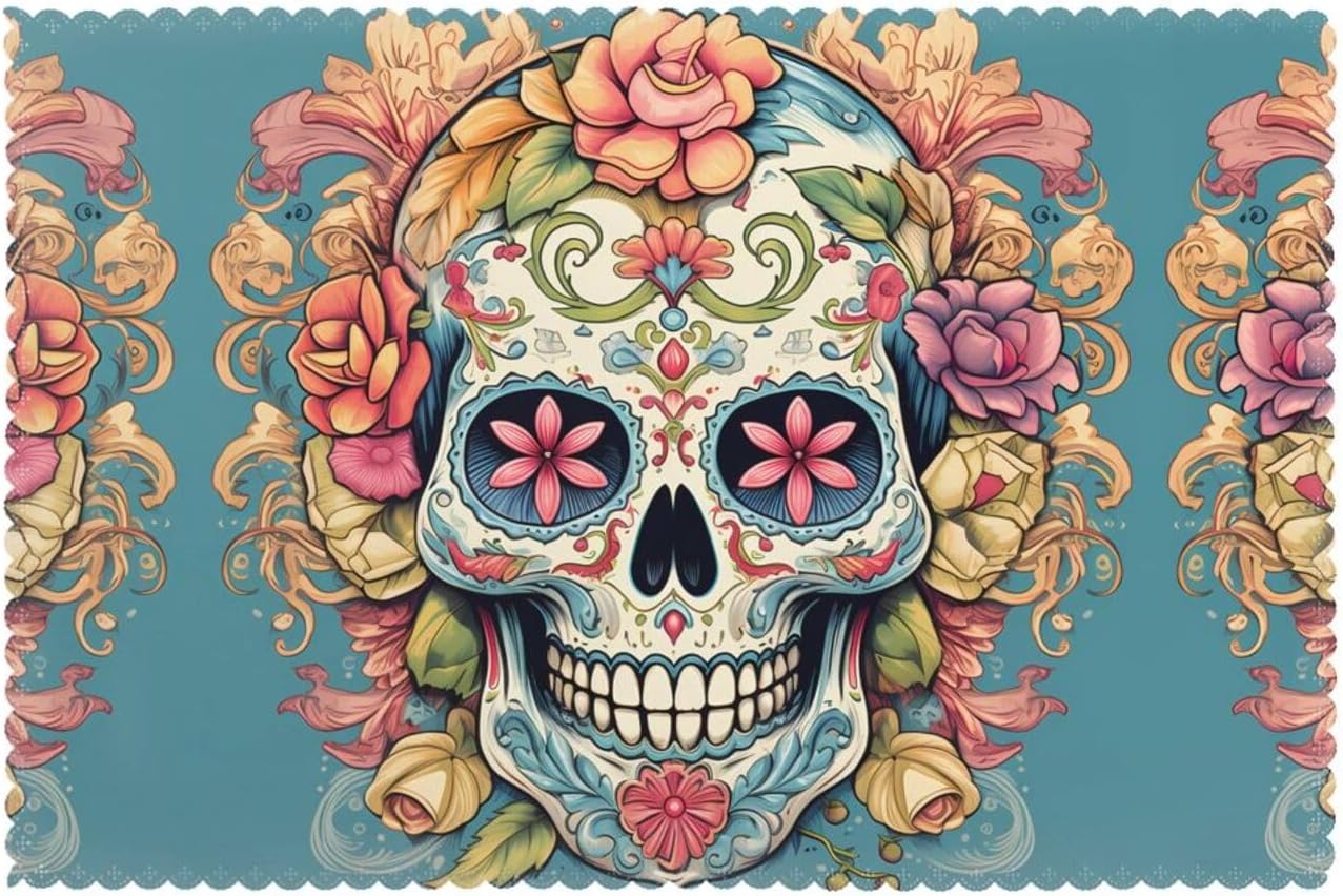 Sugar Skull Print Prints High-Grade Placemats 12x18in - 6-Pack Durable Polyester Table Layers for Dining, Hotel, and Party Decor