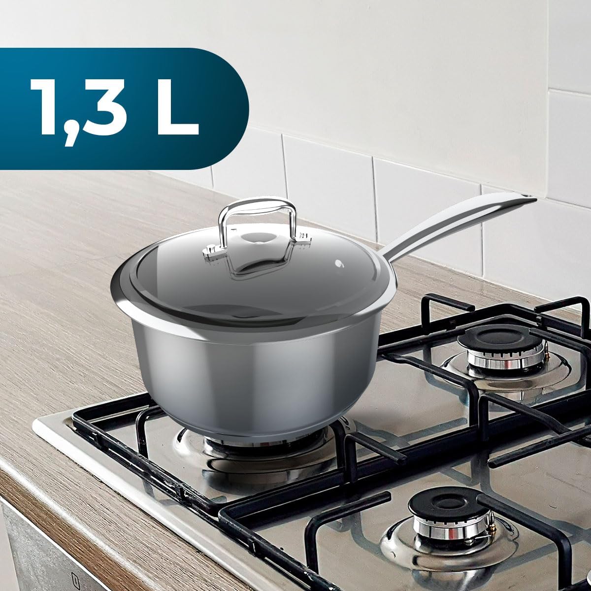 Cecotec Classy 16 Pot Steel Polka Saucepan, Diameter 16 cm, Capacity 1.3 L, Stainless Steel 18/10, Non-Stick Coating, Riveted Handle, Glass Lid, Suitable for All Kitchens