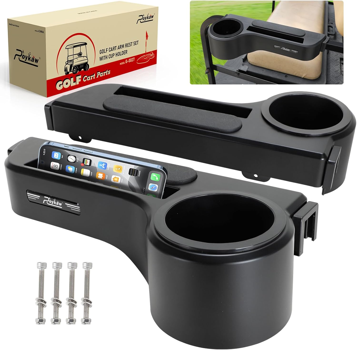 Roykaw Golf Cart Armrest with Cup Holder Compatible with EZGO/Club Car/Yamaha & Most Brand, Universal Golf Cart Rear Seat Arm Rests with Phone Holder, No Drilling, Fit 1.0''/1-1/4'' Square Frame