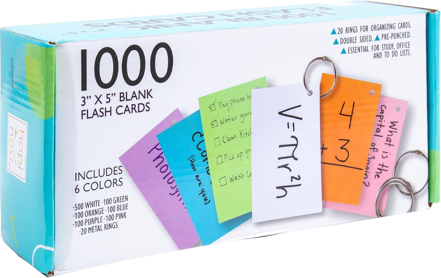 Hapinest 1000 Blank Flash Cards Colored Index Cards 3x5 w/20 Binder Rings, Unruled Unlined Index Cards with Ring, Hole Punched Notecards Flashcards, Color Note Cards for Studying Home Office Supplies