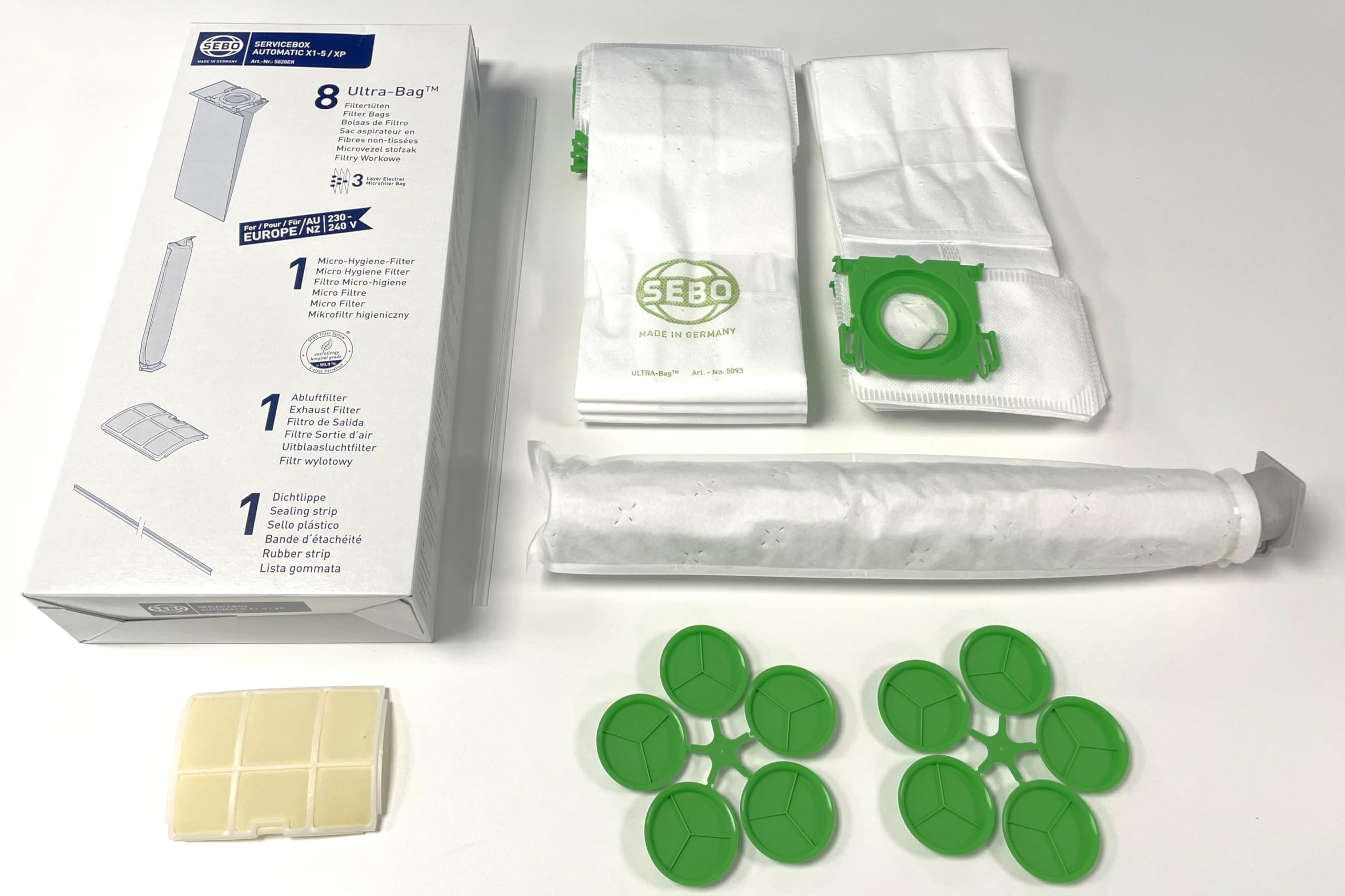 5828ER Service Box for X1 - X5 Vacuum cleaners includes 8 x Filter Vacuum Bags, Exhaust Filter, Electrostatic Microfilter and Sealing Strip, Green