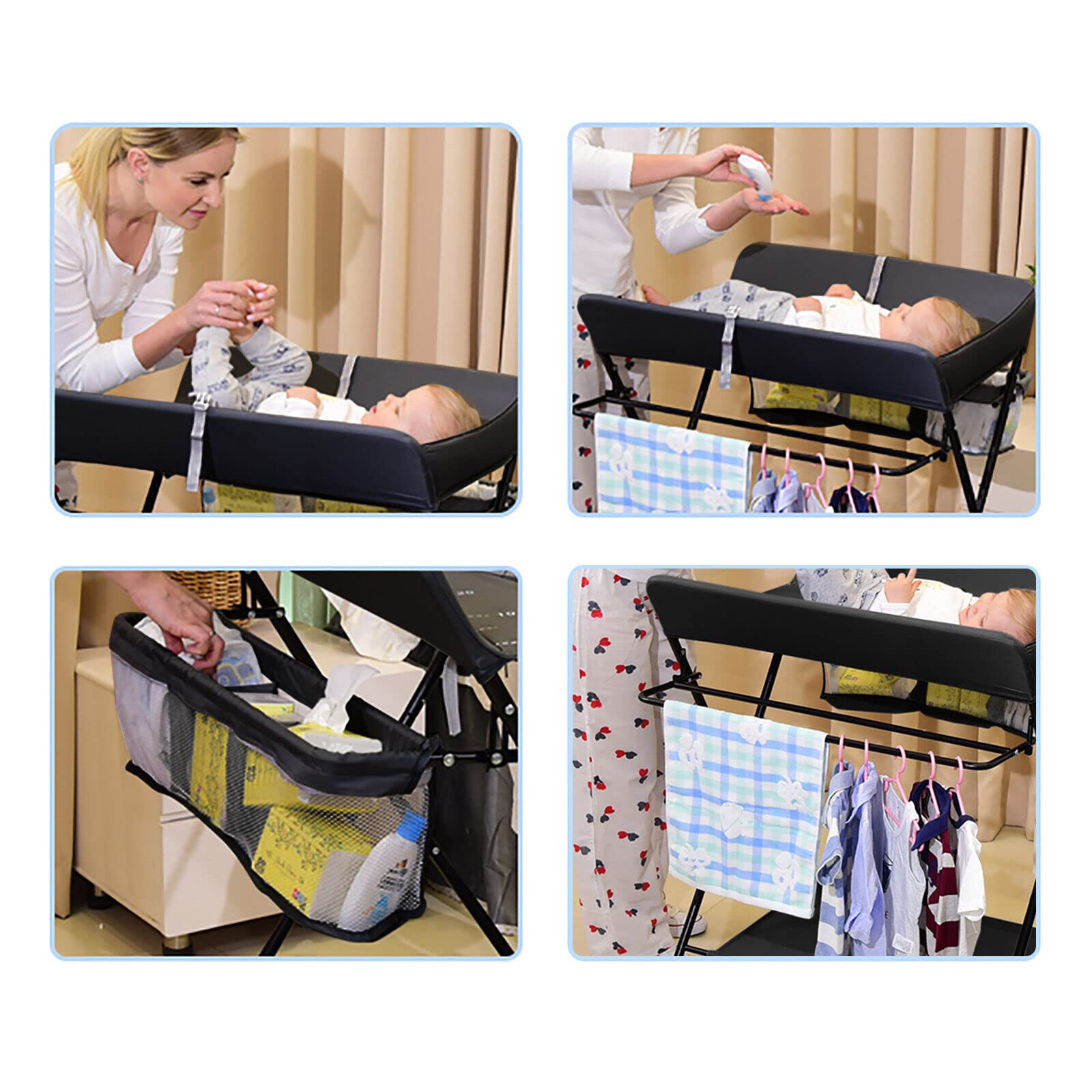 Cambiador de bebé portátil, plegable, con espacio de almacenamiento, cambiador de altura ajustable, con ruedas y cinturón de seguridad, cómoda para bebés y niños pequeños (negro)