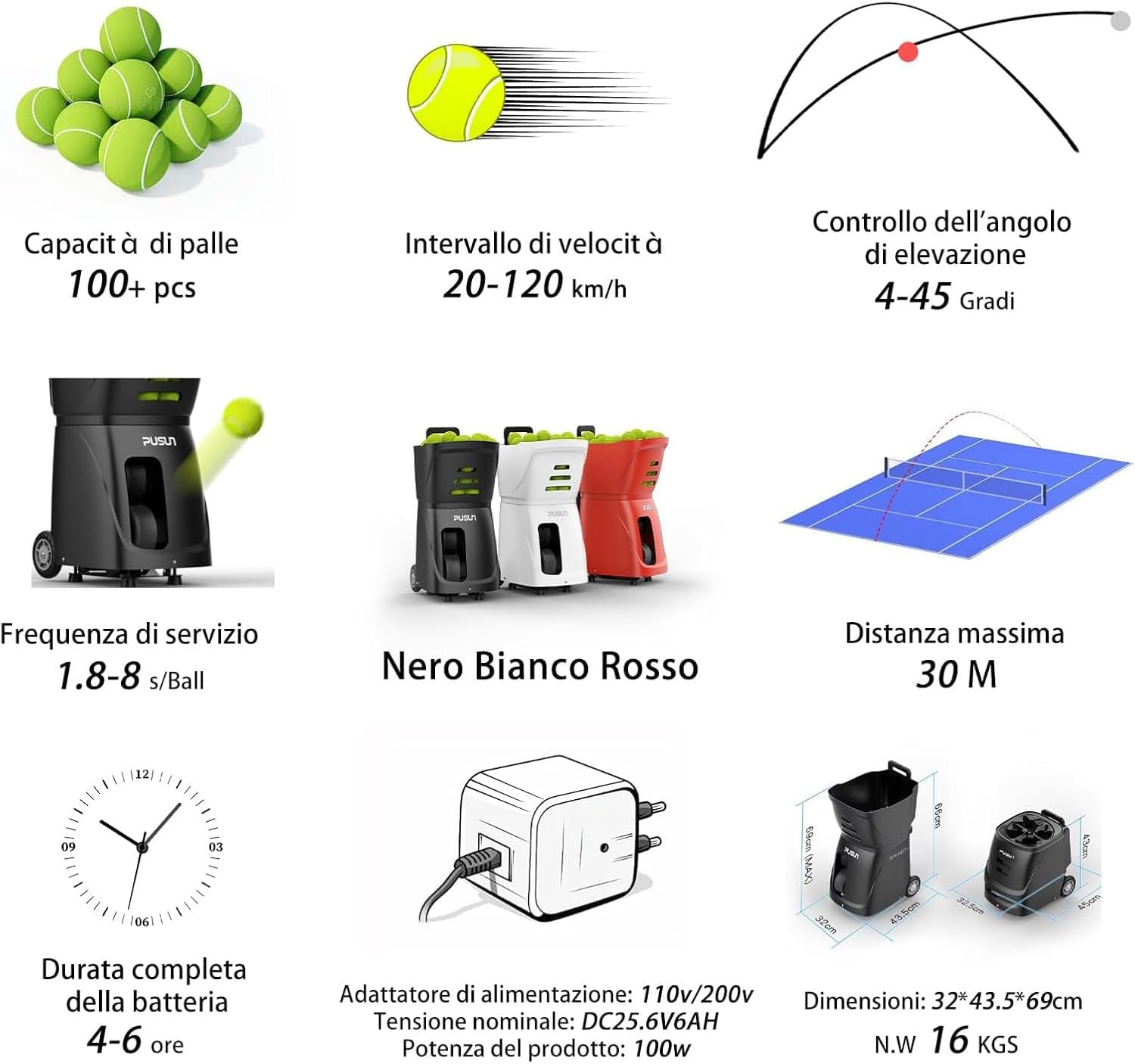 PT-Smart Tennis Ball Machine: 100+ Ball Capacity, 4-6 Hours Battery Life, External Battery, Multifunctional with Intelligent Remote Control and Automatic Ball Feeding, for Beginners Red