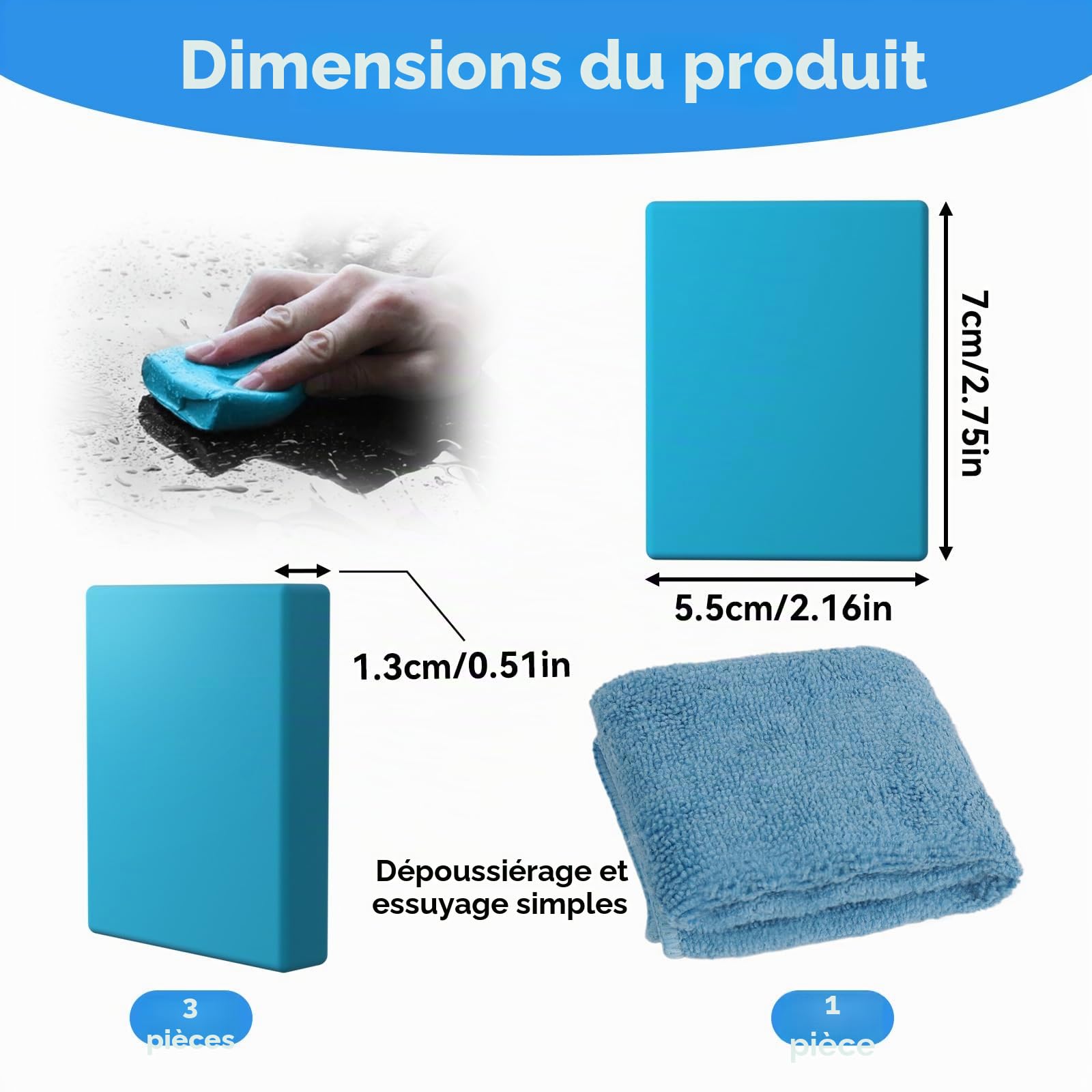 Magic Car Clay Bar Lot de 3 argile de nettoyage pour voiture avec serviette (300 g) Pâte de nettoyage pour l'entretien de la peinture et le nettoyage des jantes