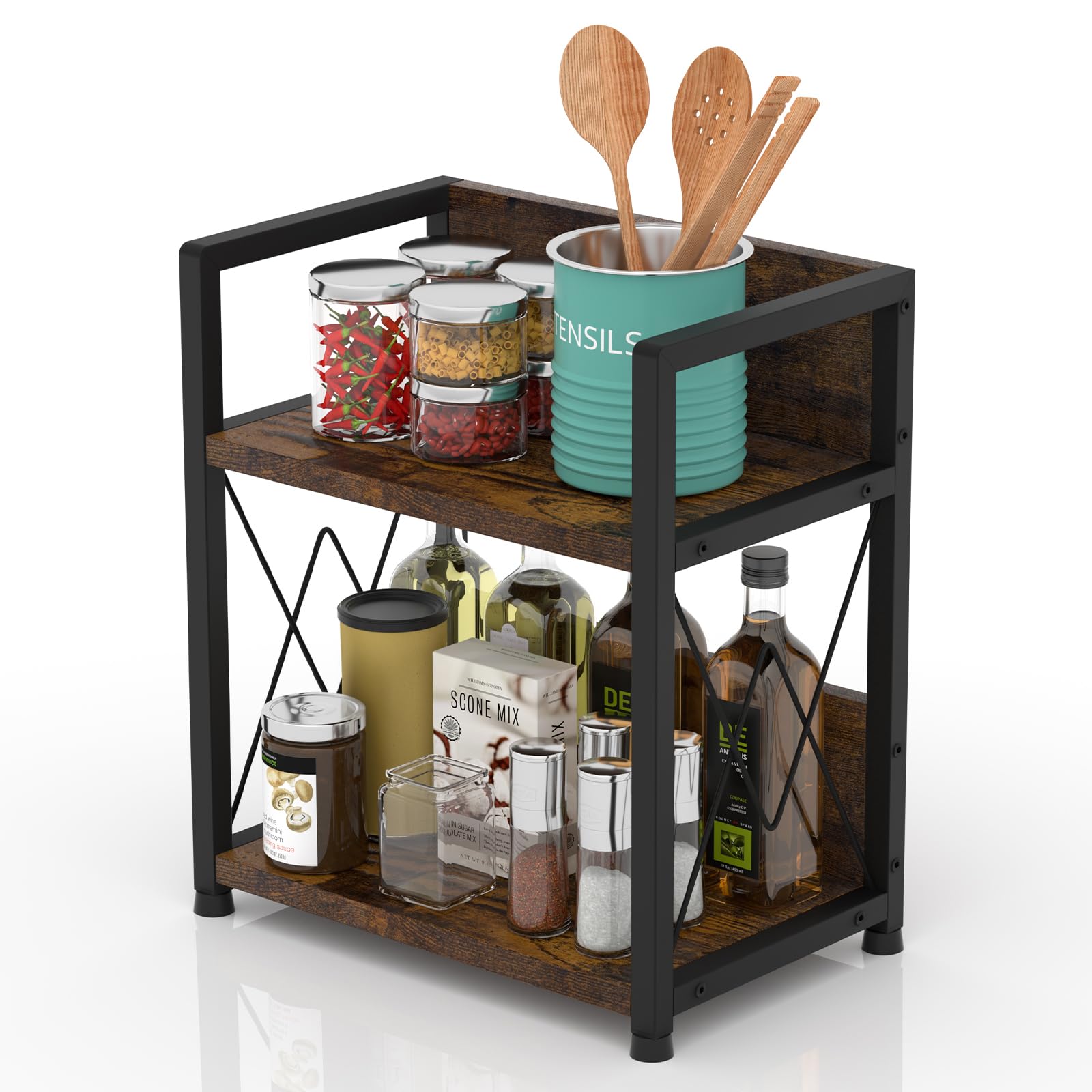Photo 1 of ***MISSING ASSEMBLY SCREWS***Aduanbang Coffee Bar Accessories Organizer, 2 Tier Wooden Kitchen Counter Shelf, Coffee Organizer Station for Countertop, Condiment Rack for Mugs, Cups, Cream, Syrup