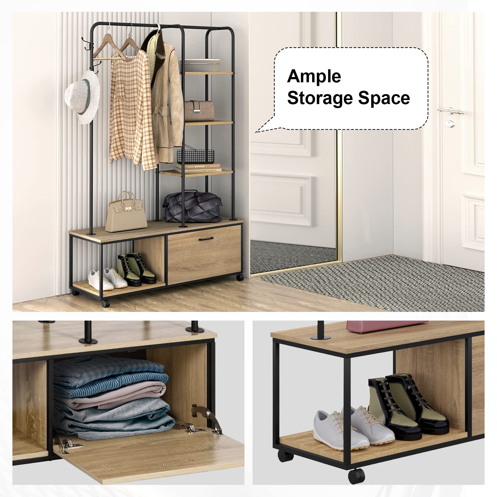 eSituro Perchero Ropa con 5 Estantes y Zapatero Industrial con Rueadas, para Entrada Recibidor con 3 Ganchos y 1 Armario con Puerta, Madera+Acero, Roble Claro + Negro