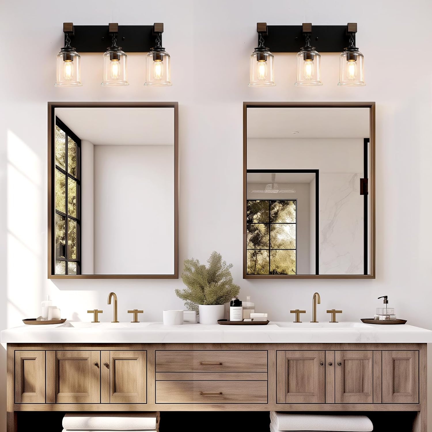 Farmhouse Bathroom Light Fixtures, 3 Light Bathroom Vanity Light, Black Industrial Style with Clear Glass Shades, Wood Bathroom Lighting Fixtures Over Mirror for Bedroom, Living Room