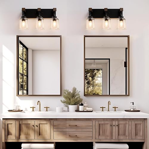 Miniatura 5 de Lámpara de baño de granja, 3 luces, color negro mate, estilo industrial con pantallas de vidrio transparente, accesorios de iluminación sobre espejo