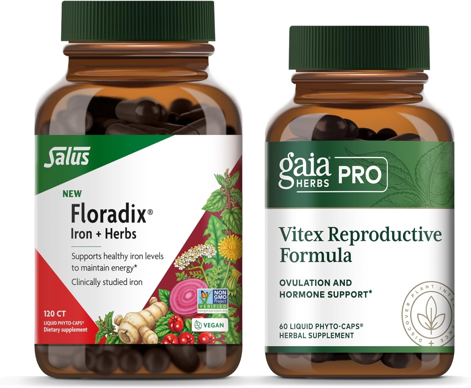 Floradix Iron + Herbs - Iron Supplement for Healthy Energy Support* & Gaia Herbs Pro Vitex Reproductive Formula - Bundle (Pack of 2)
