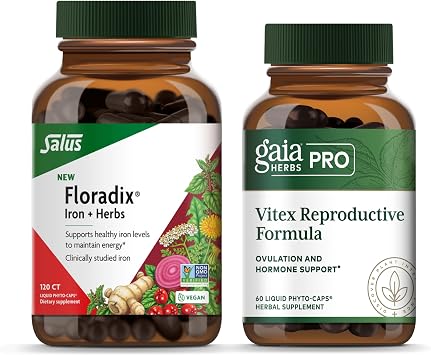 Floradix Iron + Herbs - Iron Supplement for Healthy Energy Support* & Gaia Herbs Pro Vitex Reproductive Formula - Bundle (Pack of 2)