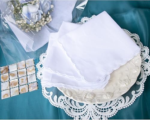 Miniatura 6 de Paquete a granel Pañuelos de algodón festoneados Pañuelos de bolsillo cuadrado Toalla blanca 11 pulgadas