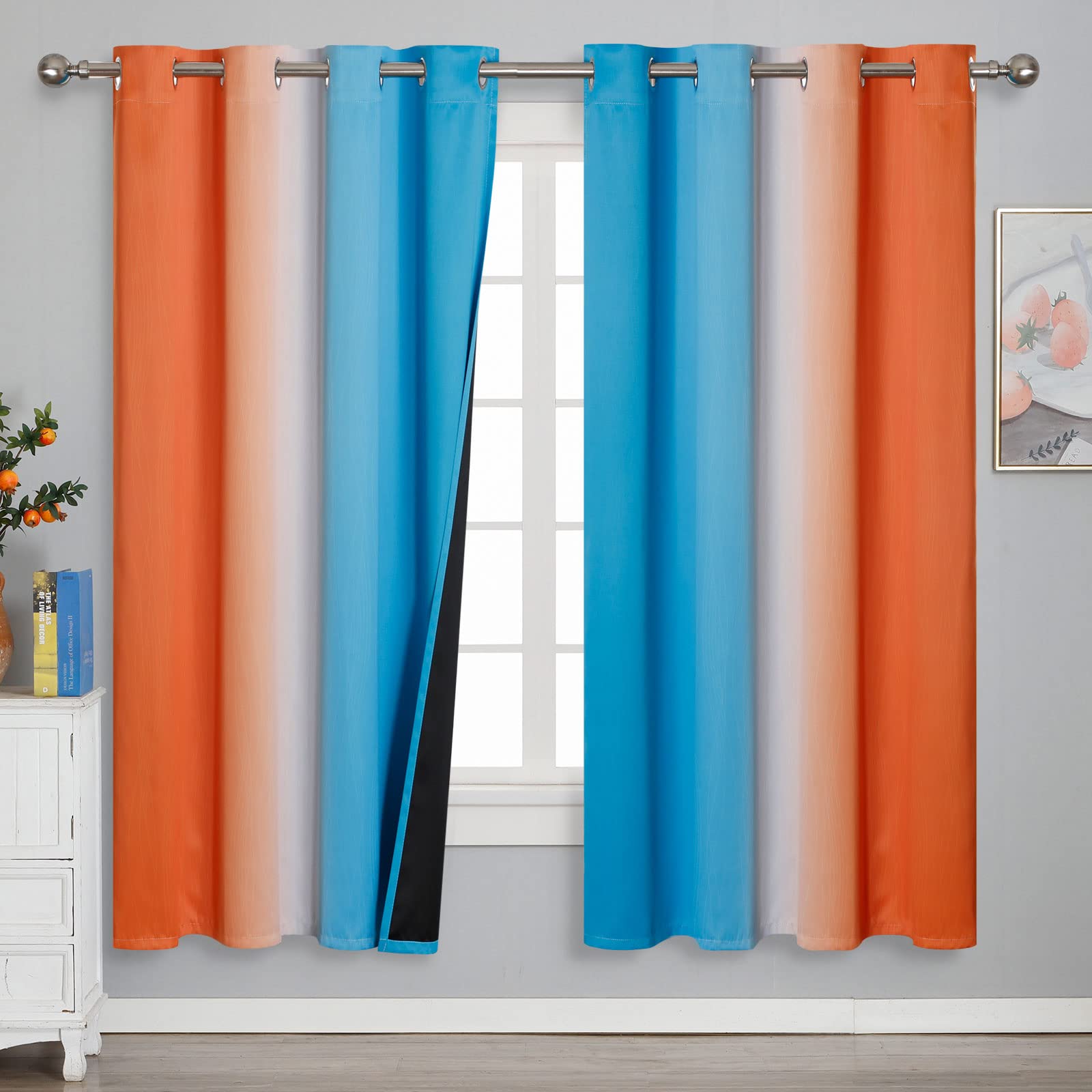 Ombre Orange and Blue Blackout Curtains 72 Inch Length 2 panels, Full Room Darkening Curtains for Bedroom, Thermal Insulated Gradient Drapes, Full