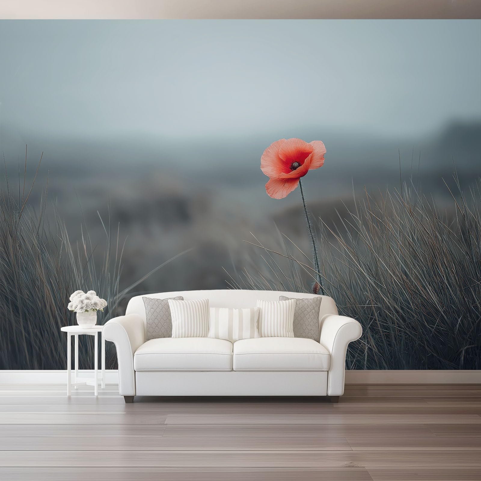 Papier peint panoramique rouge gris brume herbe déco chambre bureau