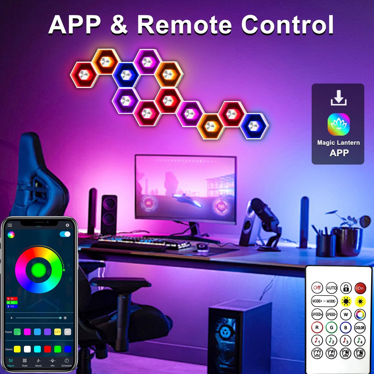 Hexagon LED Lights - 8 Pack Smart APP RGB Gaming LED Light with Remote Control & Music Sync Honeycomb Shape Hexagon Wall Lights for Bedroom, Living Room Wall, Gaming Decor - Image 2