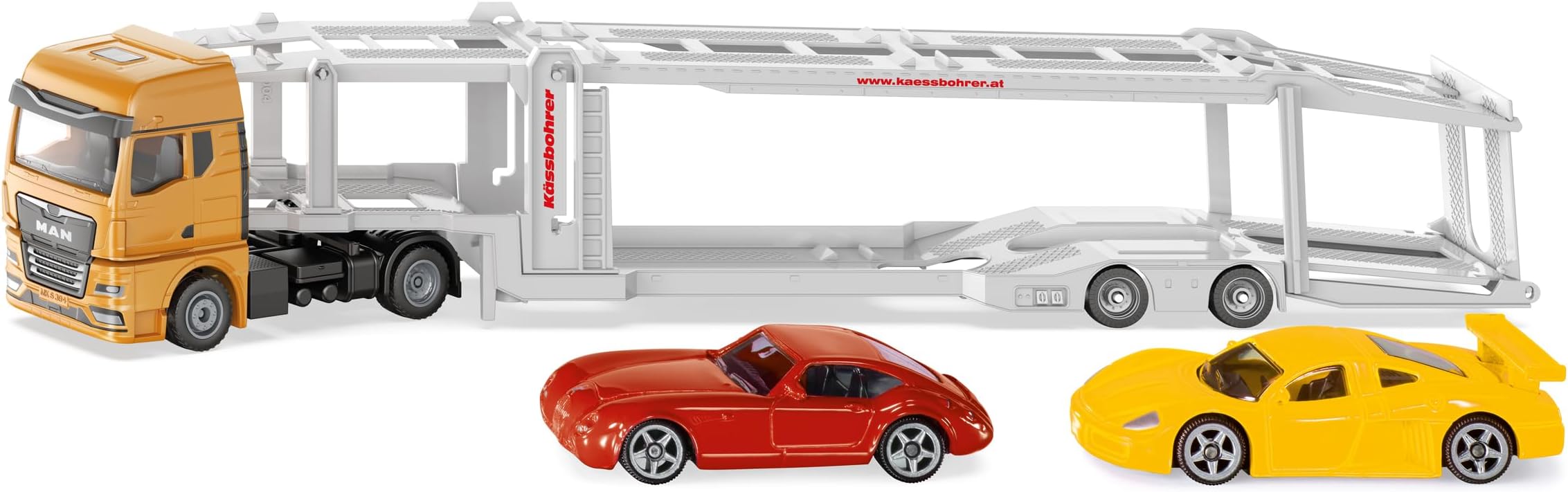 Siku 3944 Man Car Transporter, 1:50, Includes 2 Toy Cars, Metal/Plastic, Orange/Silver, Detachable Trailer, Lowerable Platform
