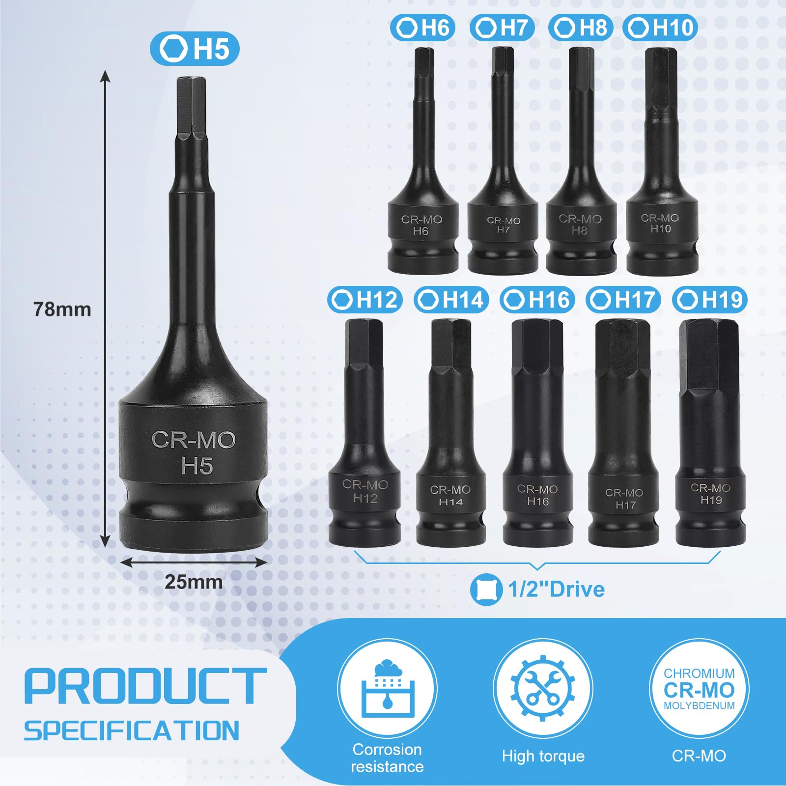 EFUTURETIME 10 Pz. Set Bussole Esagonali 1/2", H5, H6, H7, H8, H10, H12, H14, H16, H17, H19, Bussole Esagonali Maschio con Scatola, Cr-Mo, per Viti ad Esagono Incassato