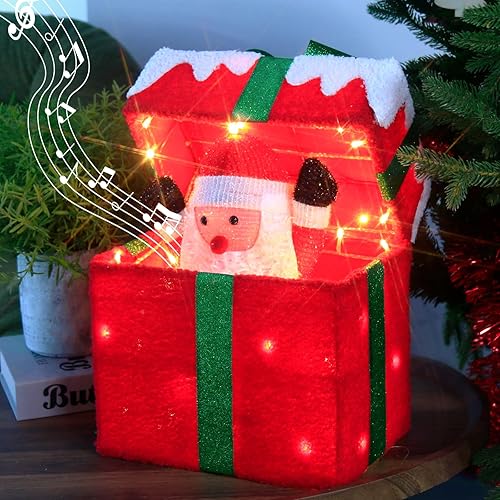 Miniatura 9 de PEIDUO Papá Noel de Navidad animado en caja de regalo iluminada, sensor de movimiento, luces decorativas de música navideña, debajo del árbol de