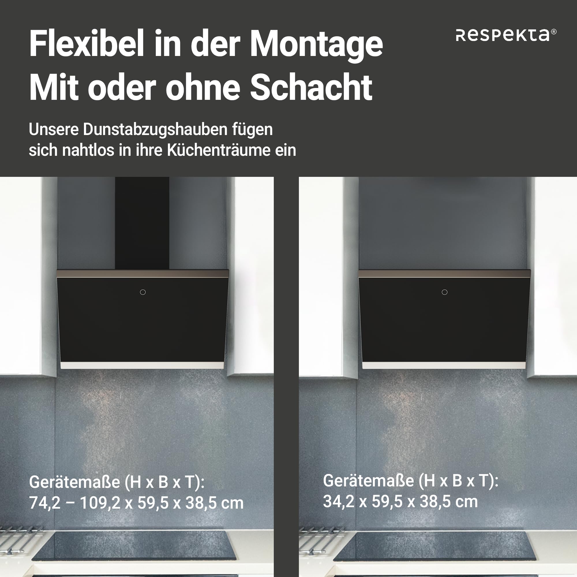Respekta Dunstabzugshaube kopffrei 60 cm schräg Glasschirm Edelstahlrahmen Schwarz Abluft Umluft CH89060S A++ 39–59 dB