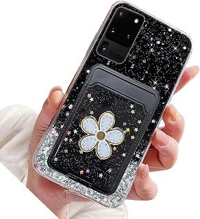 Miagon - Funda transparente tipo cartera con purpurina para Samsung Galaxy S20 Ultra, ranura para tarjetas, ajuste delgado, funda suave con bonito tarjetero de flores, color negro