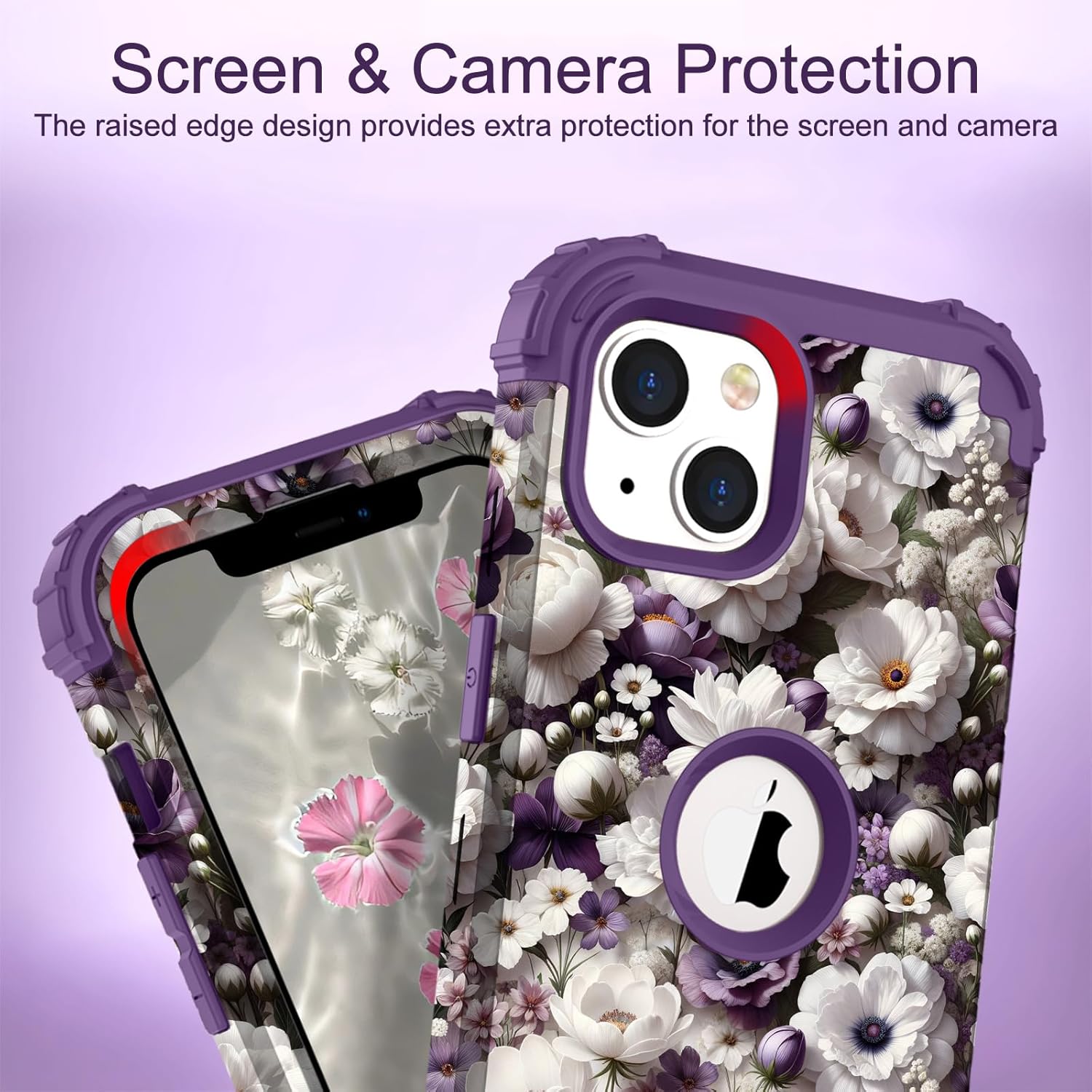 Hocase for iPhone 14 Case/iPhone 13 Case, Heavy Duty Shockproof Protection Soft Silicone Rubber+Hard Plastic Bumpers Hybrid Protective Case for iPhone 13/14 (6.1") - White Flowers - Image 4