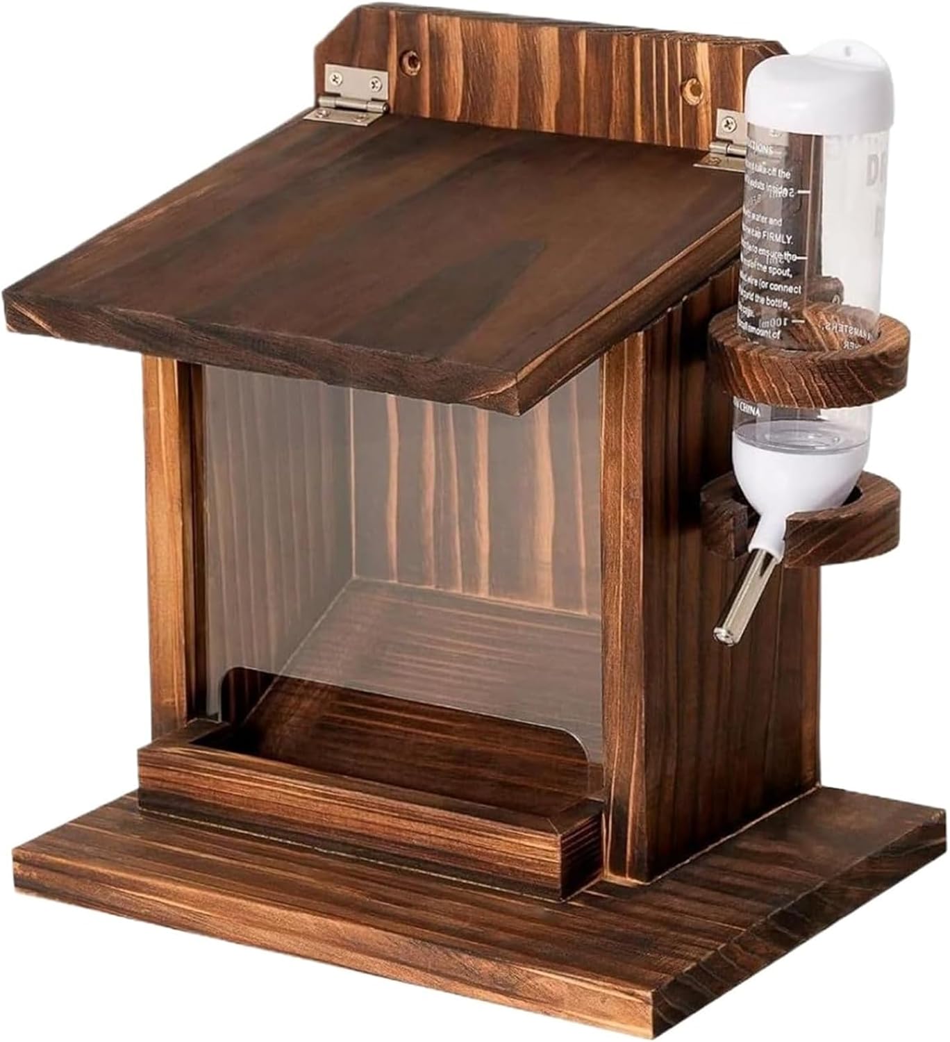 Wooden Squirrel Feeder Box, Backyard Chipmunk Feeder with Water Bottle & Roof, Wall Mount Chipmunk Feeding Station for Backyard Outside Garden