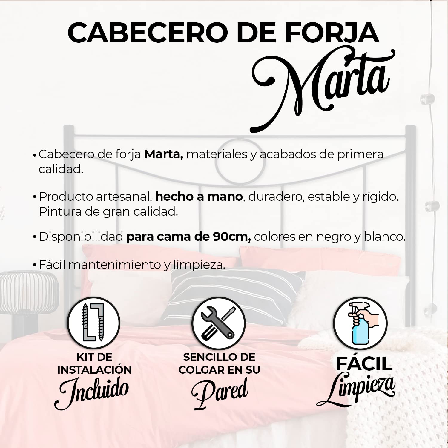 El Herrero Cabecero de forja para Cama | Cabezal Juvenil para Cama de 90 cm | Modelo Marta | Producto Artesanal, Hecho en España (Blanco)
